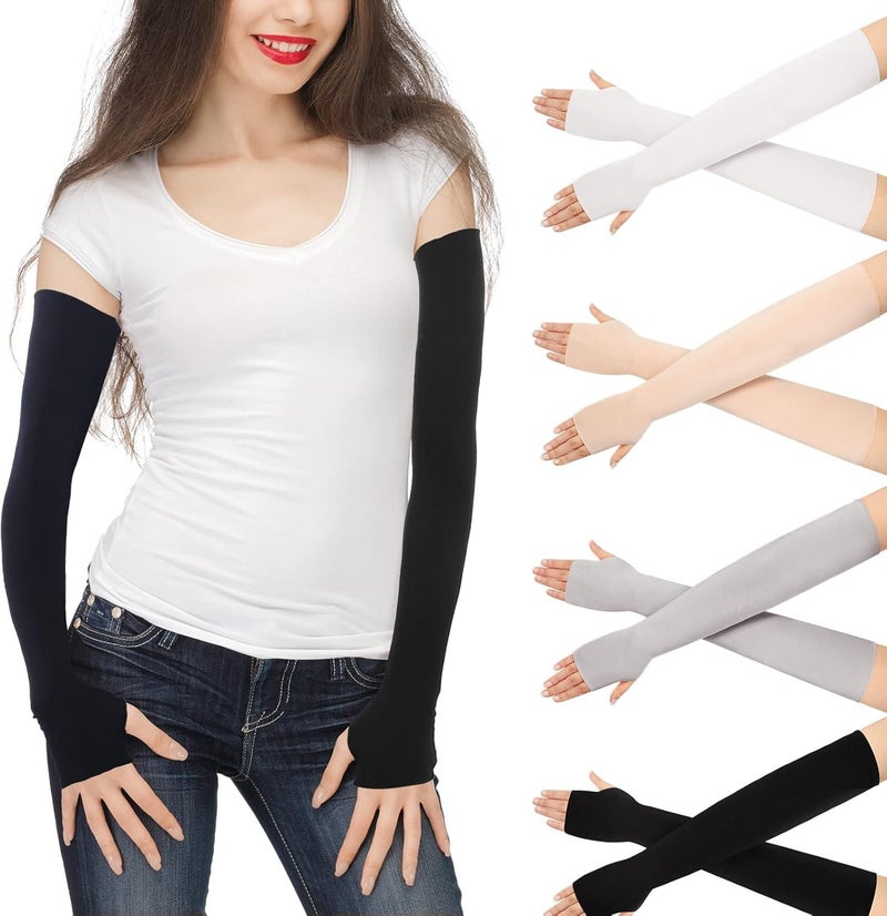 Meanplan 4 Pairs Women Sun Arm Sleeves Long Fingerless Gloves Warmers with Thumb Hole - Image 1